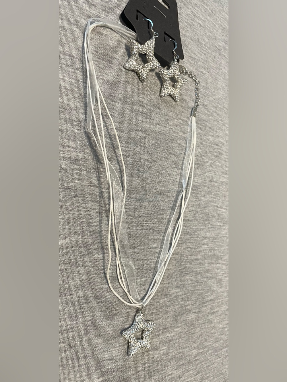 Layered White, Silver Star Pendant Necklace and Earrings Set